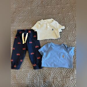 BabyGap Baby Boy 3pc Bundle, (2) s/s onesies, Fire Truck Pants Size 3-6 Mos